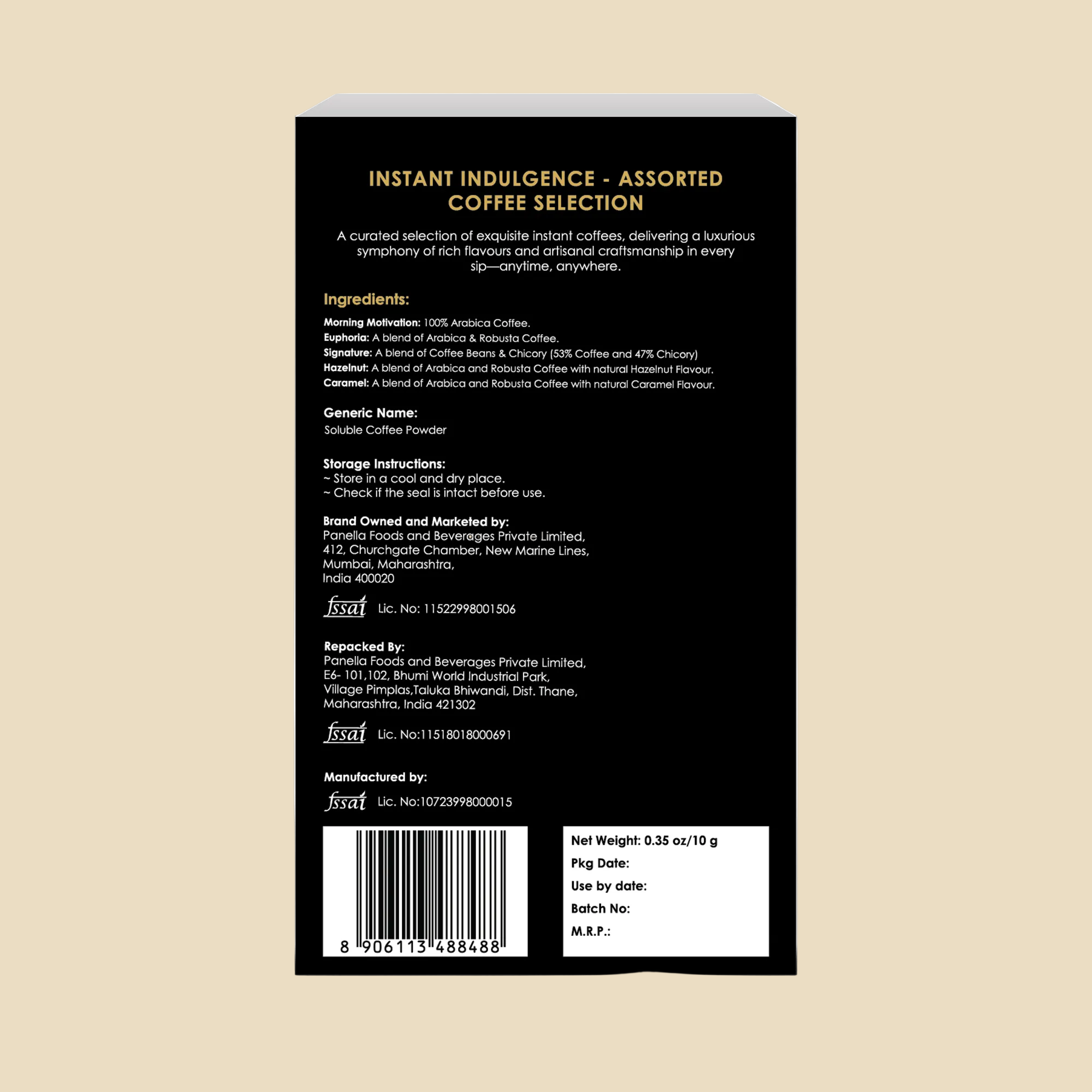 Assorted Instant Coffee (5 Sachets) 5 Varieties - 3 Unflavored & 2 Flavored (Sampler Pack)