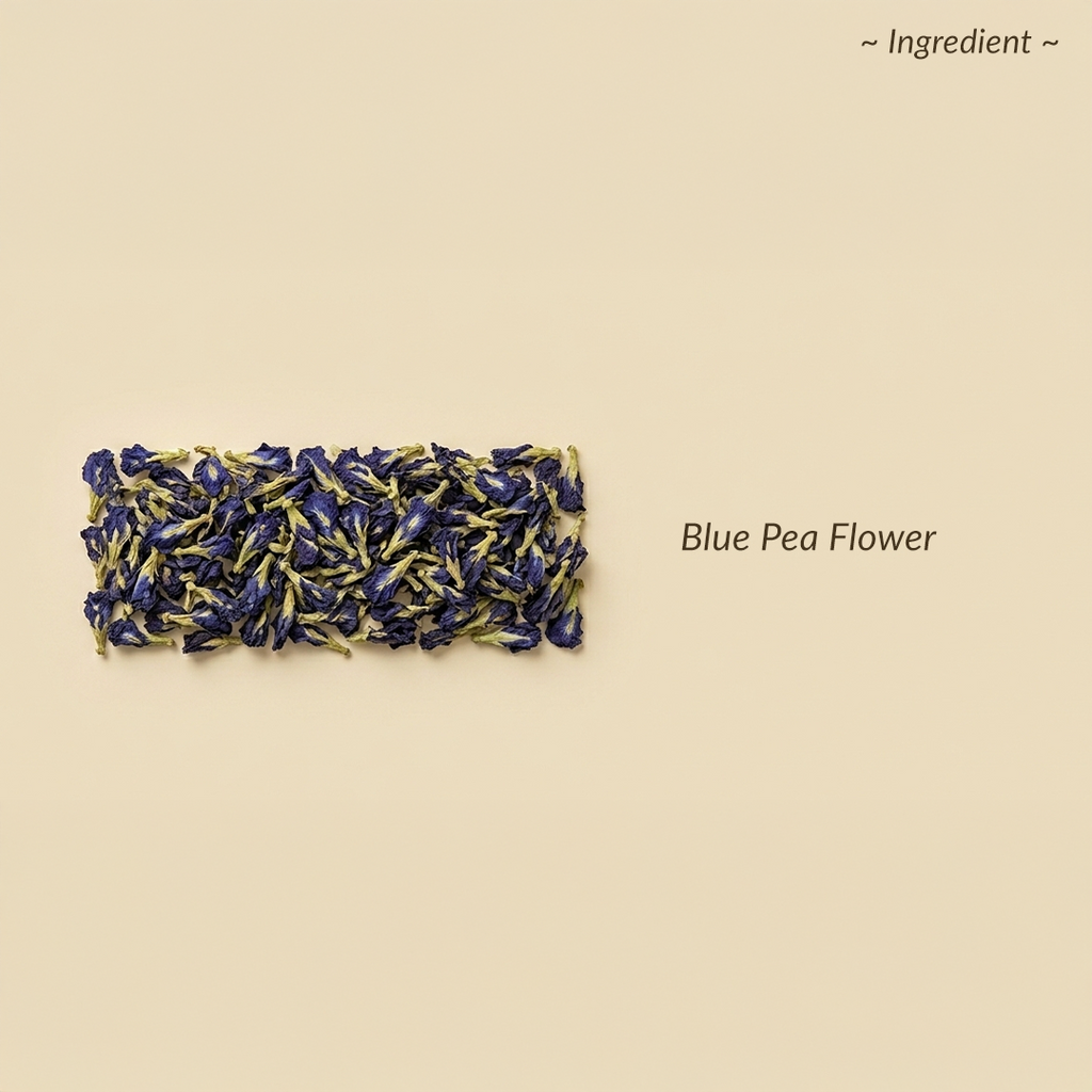 Dried blue pea flowers on a beige background with text 'Blue Pea Flower'.