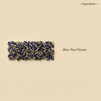 Dried blue pea flowers on a beige background with text 'Blue Pea Flower'.