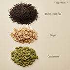 Ingredients for a black tea blend including black tea, ginger, and cardamom on a beige background.