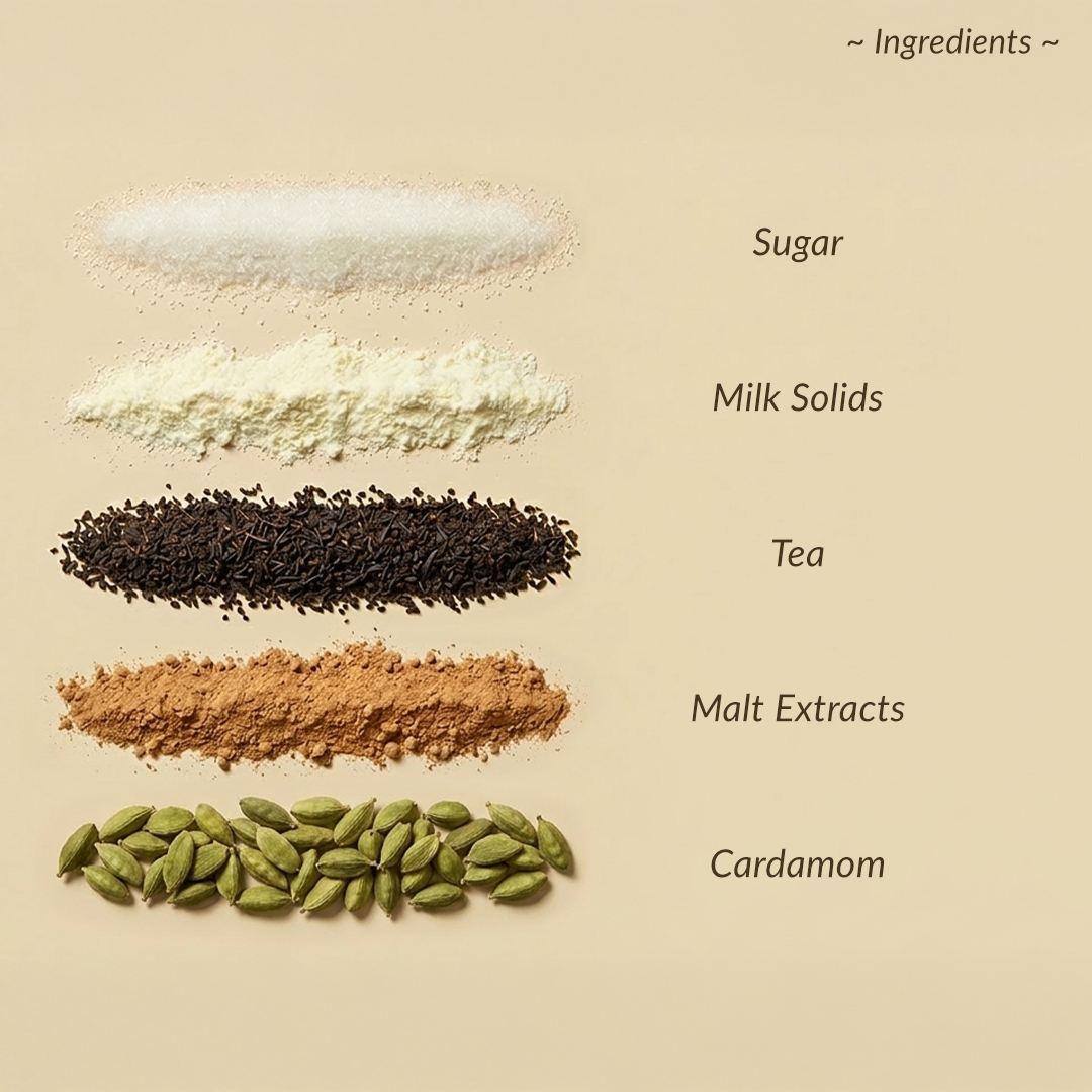 Ingredients including sugar, milk solids, tea, malt extracts, and cardamom on a beige background.