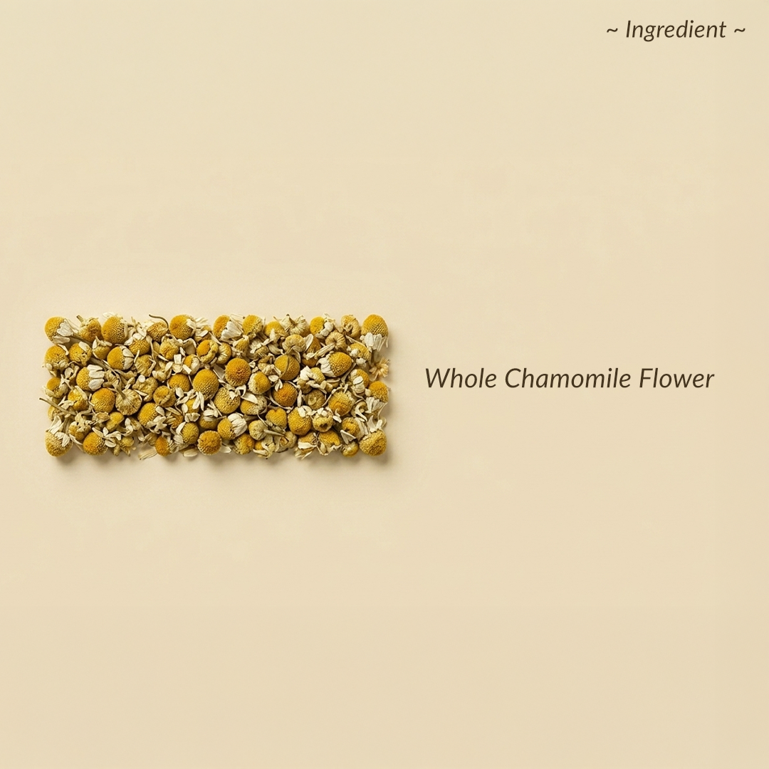 Rectangular arrangement of whole chamomile flowers on a beige background with text 'Ingredient' and 'Whole Chamomile Flower'.