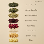 Ingredients of a green tea blend including Sencha, Bancha, Kukicha, Schizandra Berries, Rose Petals, Sesame Seeds, Bamboo Shoots, and Ginger on a beige background.
