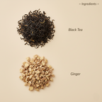 Black tea and ginger on a beige background with text indicating ingredients.