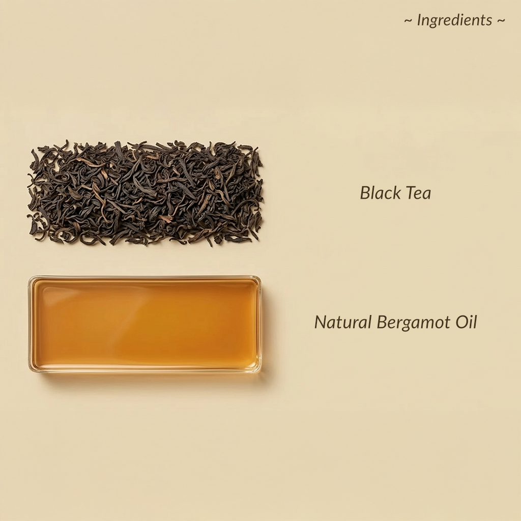 Black tea leaves and a container of natural bergamot oil