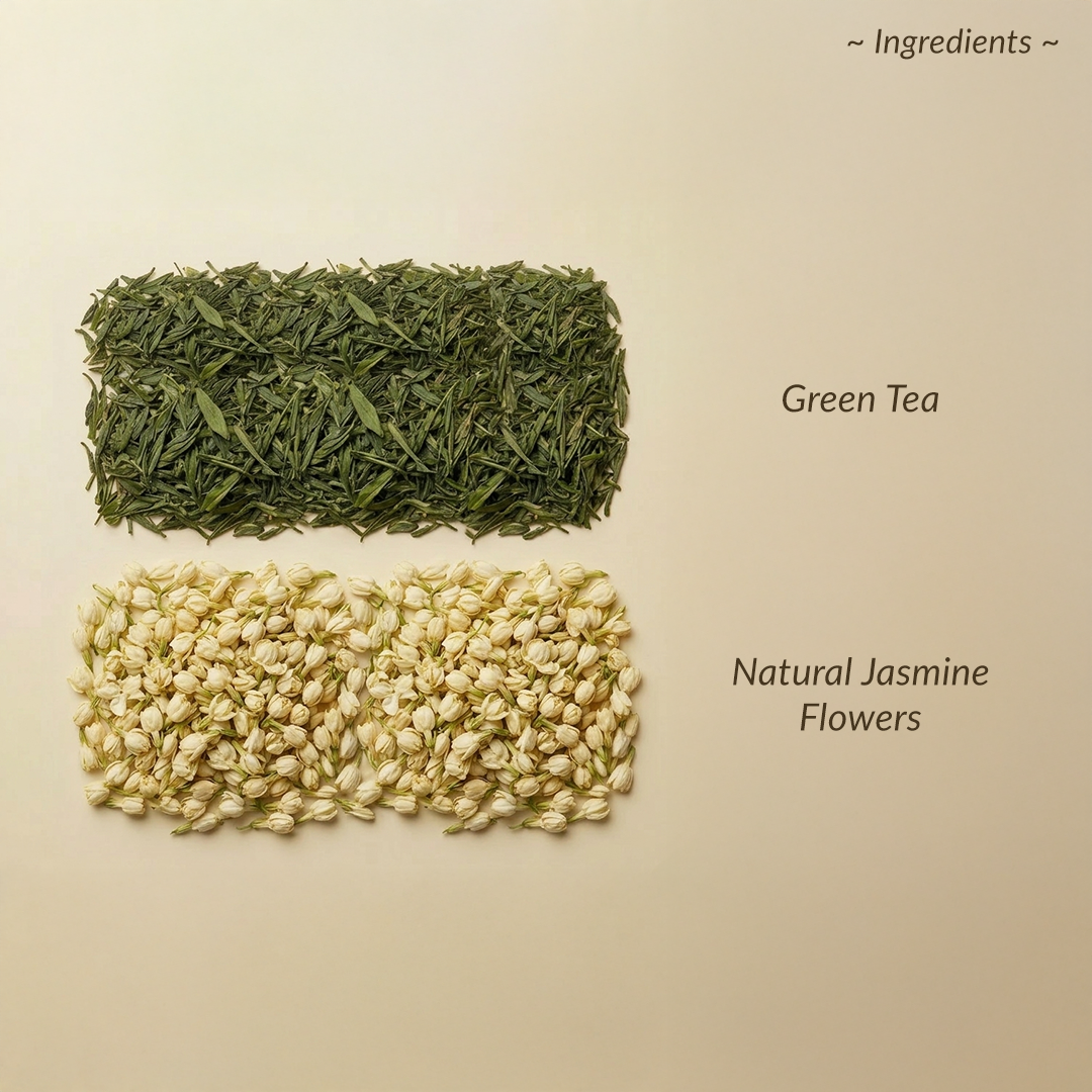 Green tea leaves and natural jasmine flowers on a beige background with text indicating ingredients.