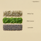 Ingredients for a tea blend including white tea, mint leaves, and lavender