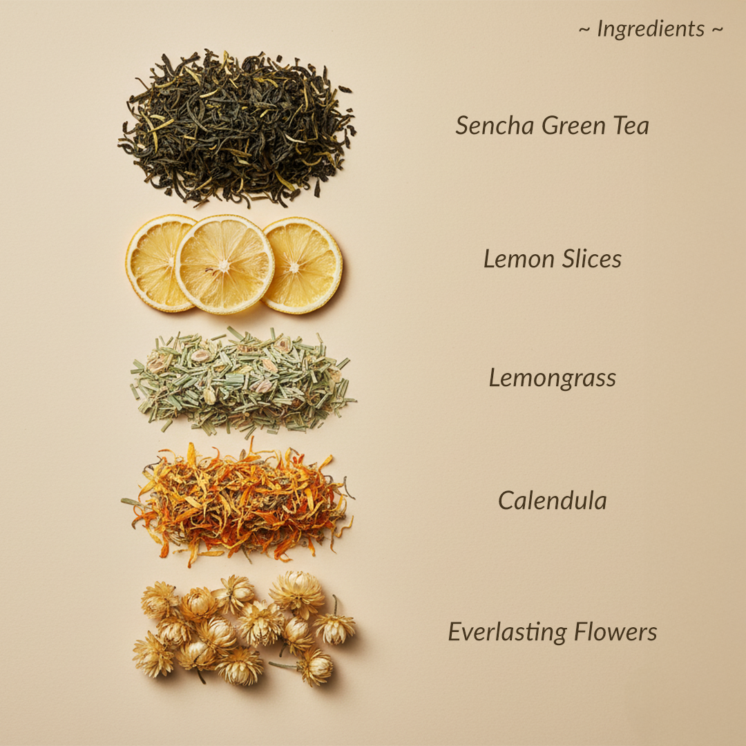 Ingredients for a tea blend including Sencha Green Tea, Lemon Slices, Lemongrass, Calendula, and Everlasting Flowers