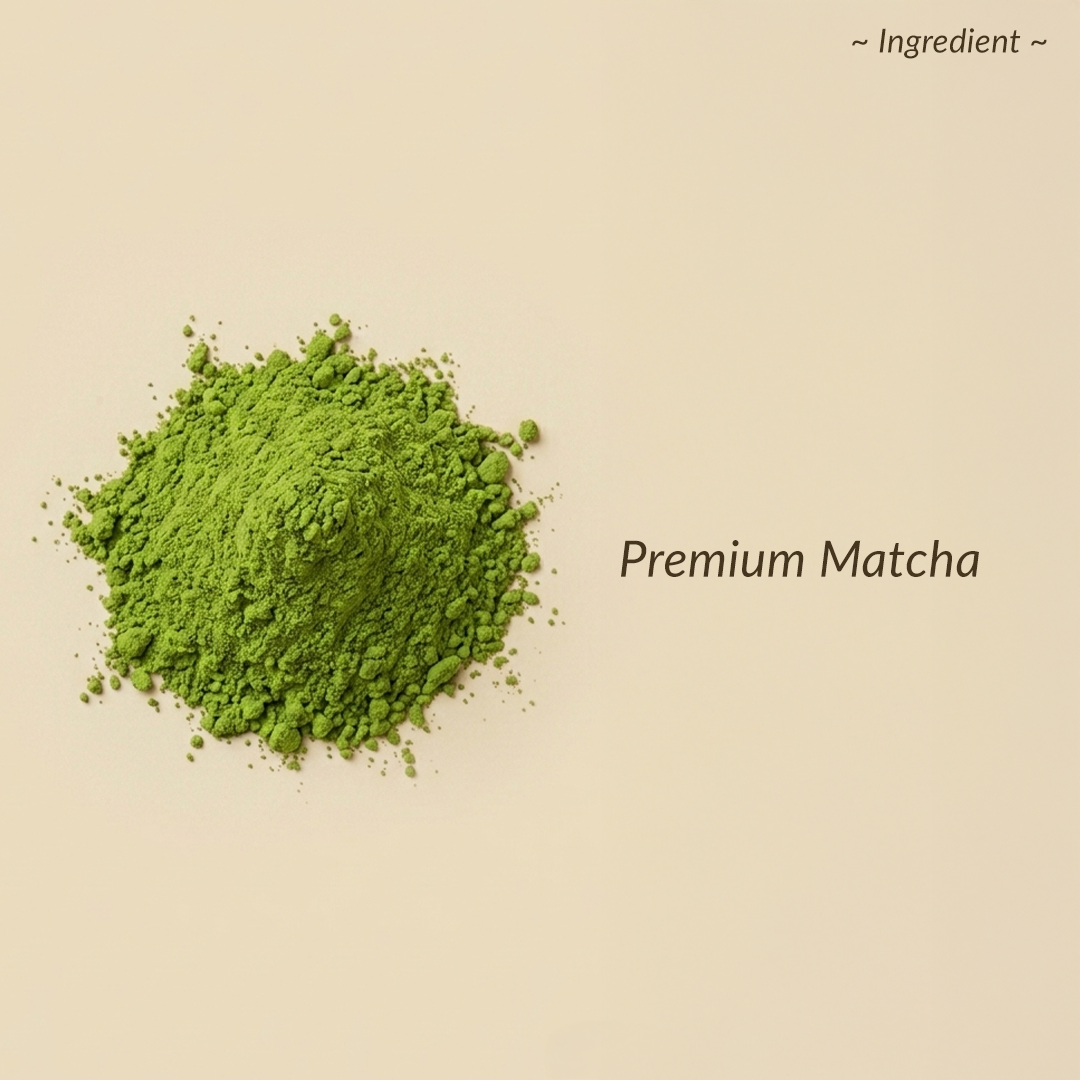Green matcha powder on a beige background with 'Premium Matcha' text.
