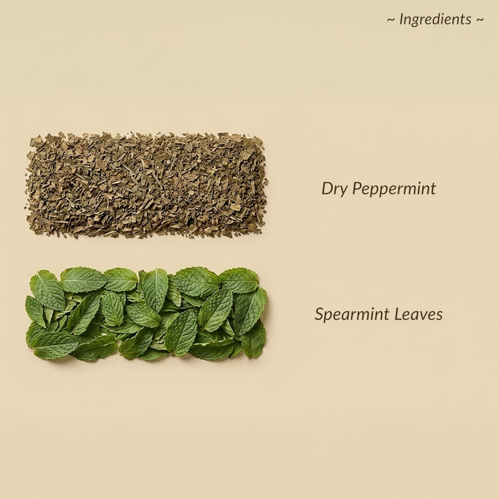 Dry peppermint and spearmint leaves on a beige background with text indicating ingredients.
