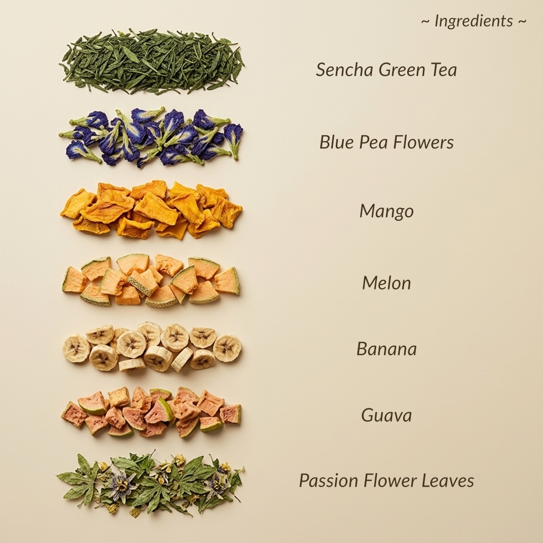 Ingredients including Sencha Green Tea, Blue Pea Flowers, Mango, Melon, Banana, Guava, and Passion Flower Leaves 