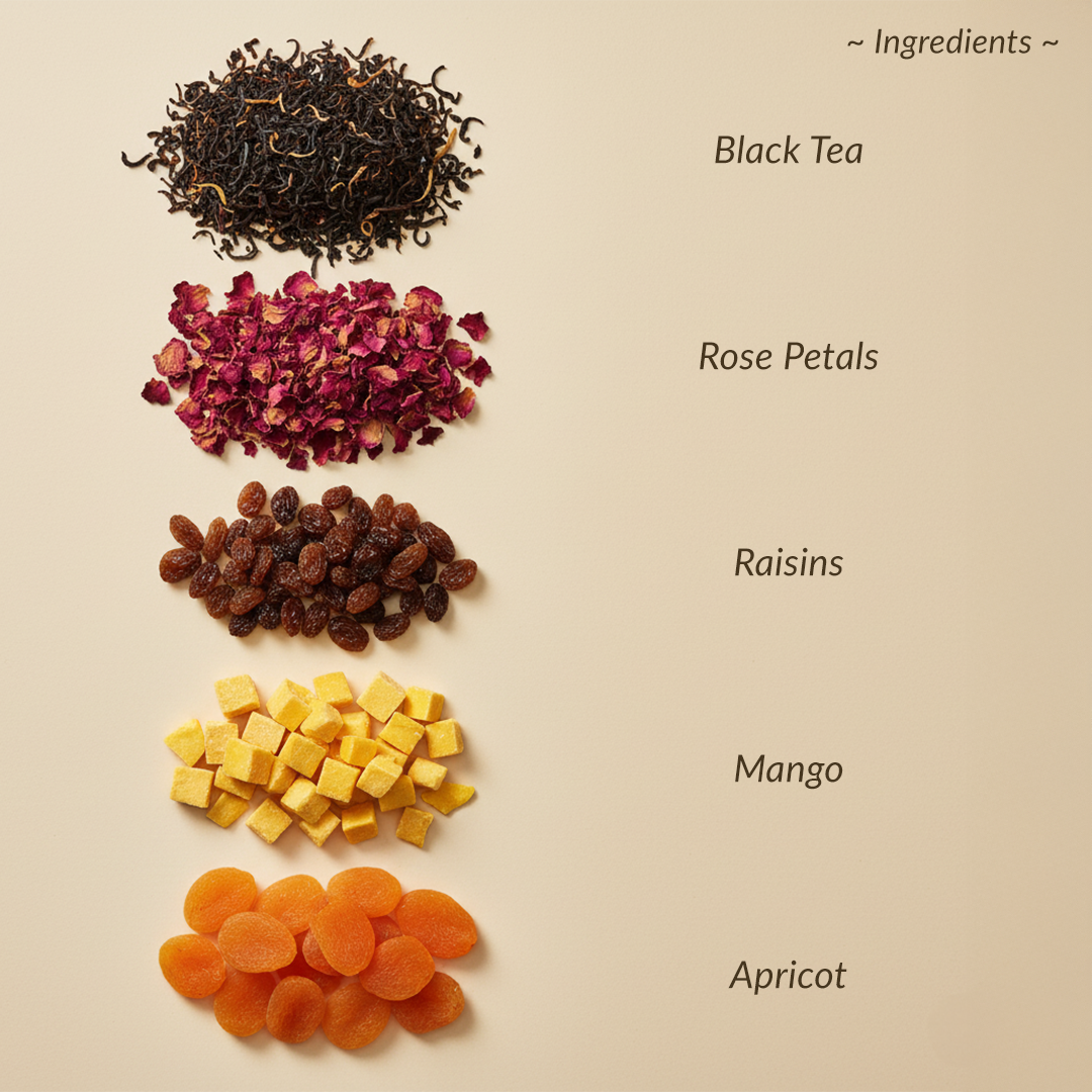 Ingredients for a tea blend including black tea, rose petals, raisins, mango, and apricot