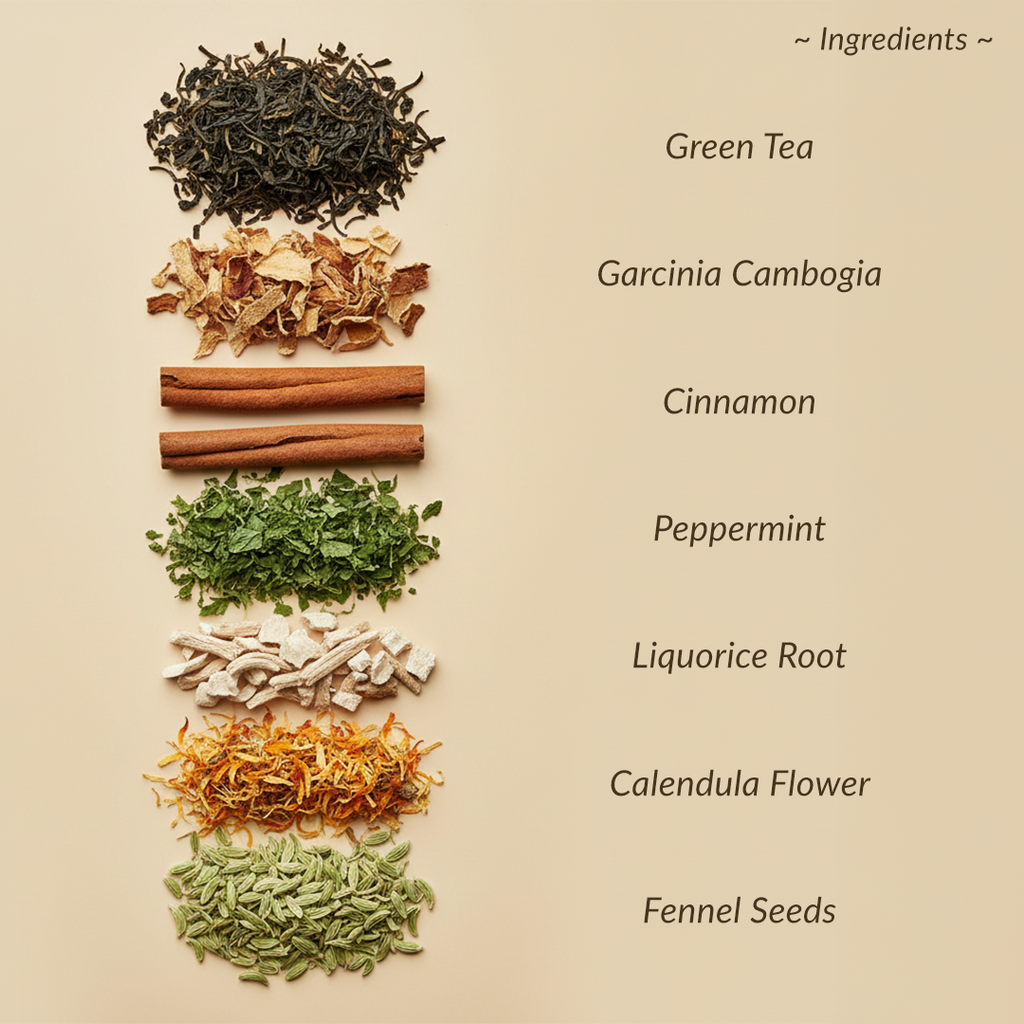 Herbal ingredients including green tea, Garcinia Cambogia, cinnamon, peppermint, liquorice root, calendula flower, and fennel seeds 