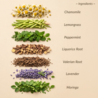 Herbal ingredients including chamomile, lemongrass, peppermint, liquorice root, valerian root, lavender, and moringa