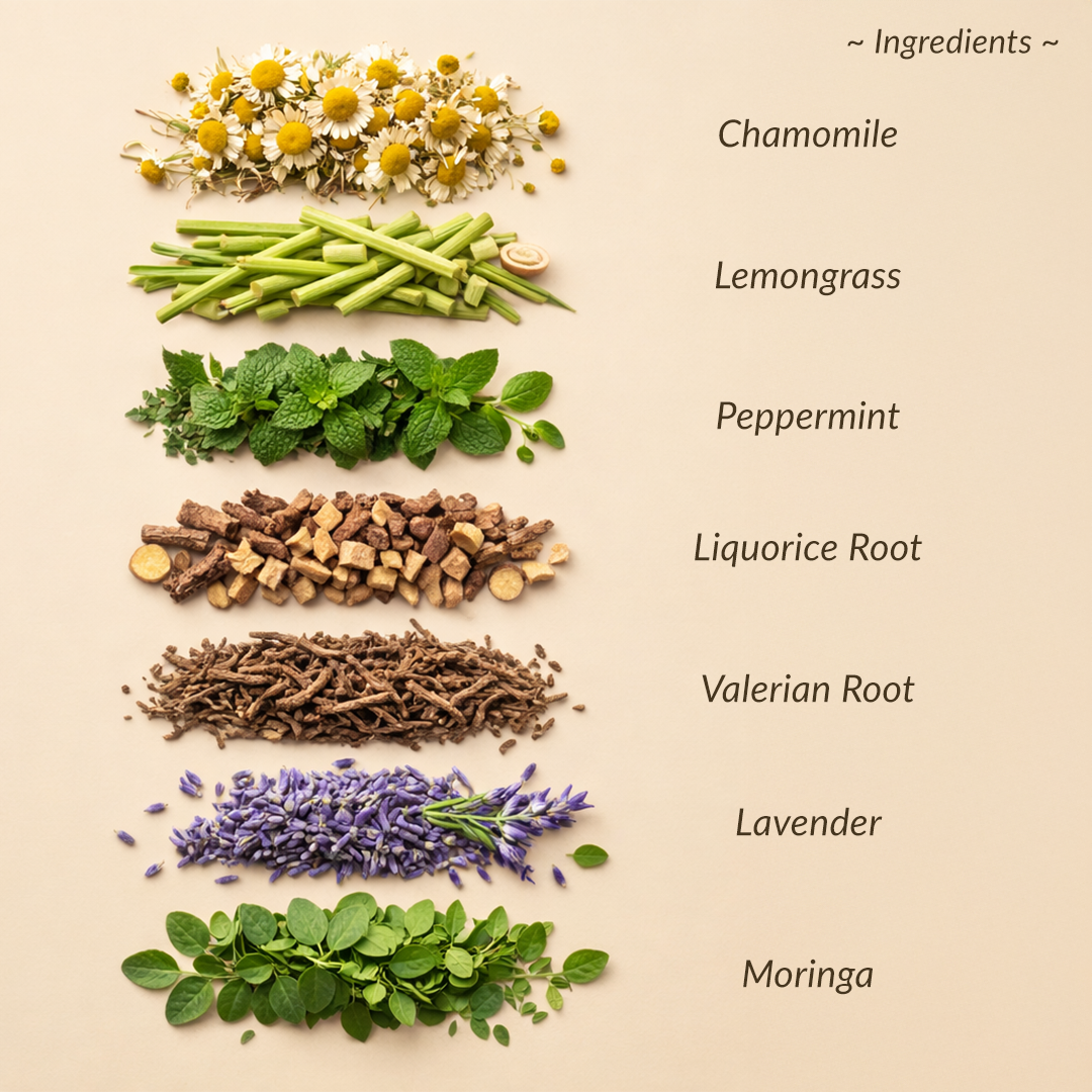 Herbal ingredients including chamomile, lemongrass, peppermint, liquorice root, valerian root, lavender, and moringa