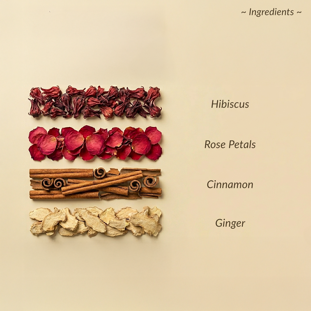 Ingredients including hibiscus, rose petals, cinnamon, and ginger