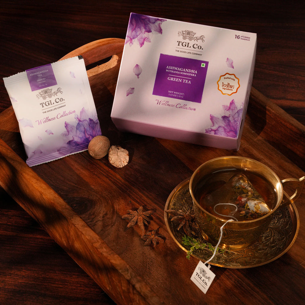 Herbal green tea with ashwagandha for calming wellness