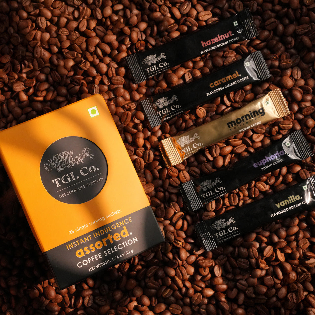 Assorted instant coffee sachets with flavoured and classic blends