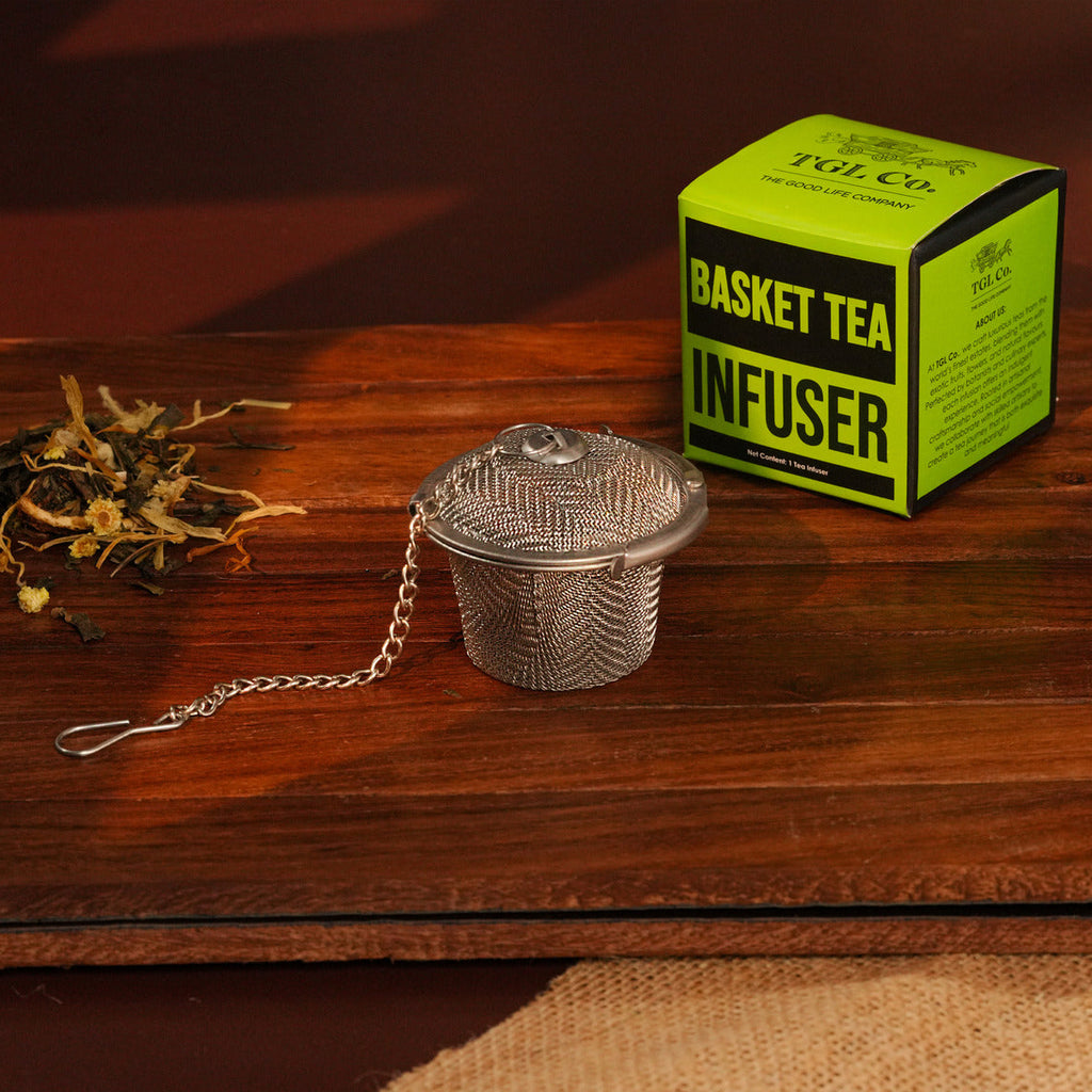 Large basket tea infuser for brewing loose leaf tea in cups or teapots