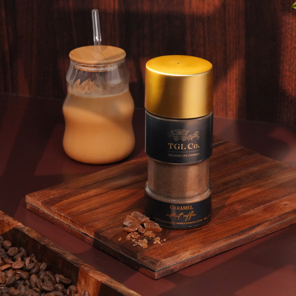 Caramel flavoured instant coffee with rich sweet aroma