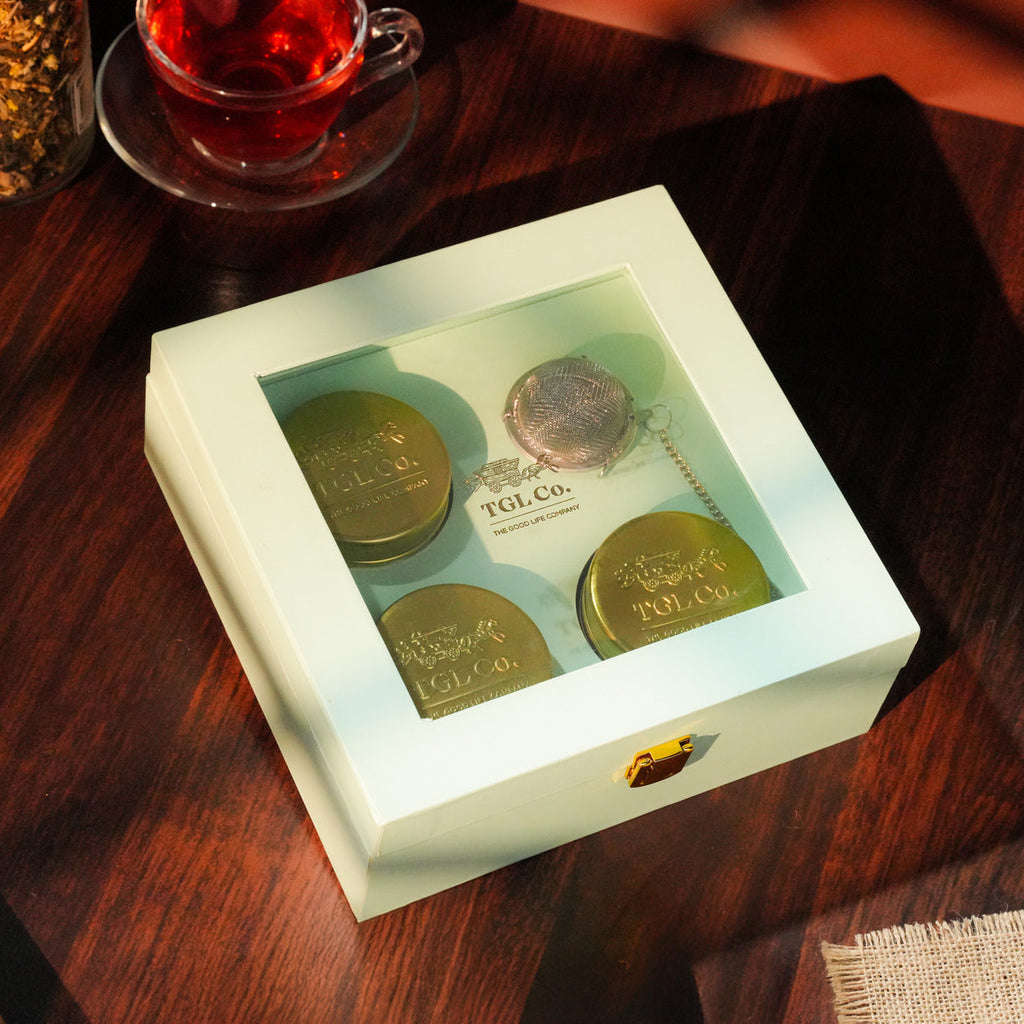 Delighted Cheer assorted tea gift box with premium teas for thoughtful gifting 3 teas & strainer