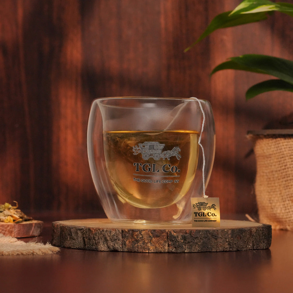Insulated double wall glass mug for hot tea and coffee
