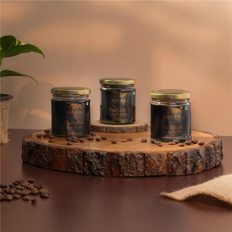 Gourmet instant coffee set with three flavoured coffee blends