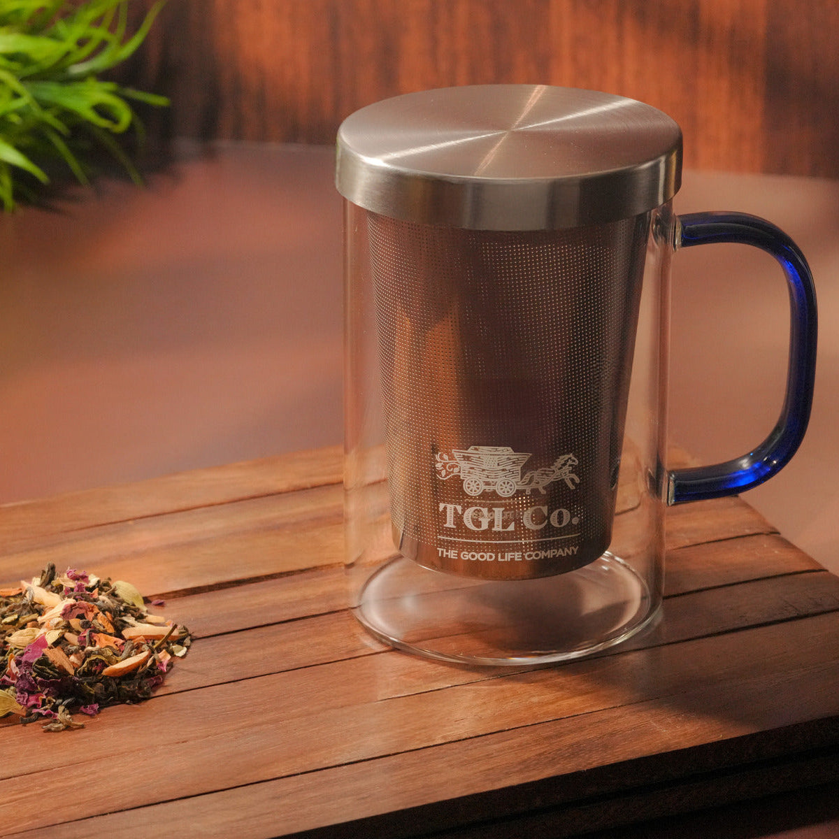 Heat resistant glass tea cup with steel infuser for loose leaf tea