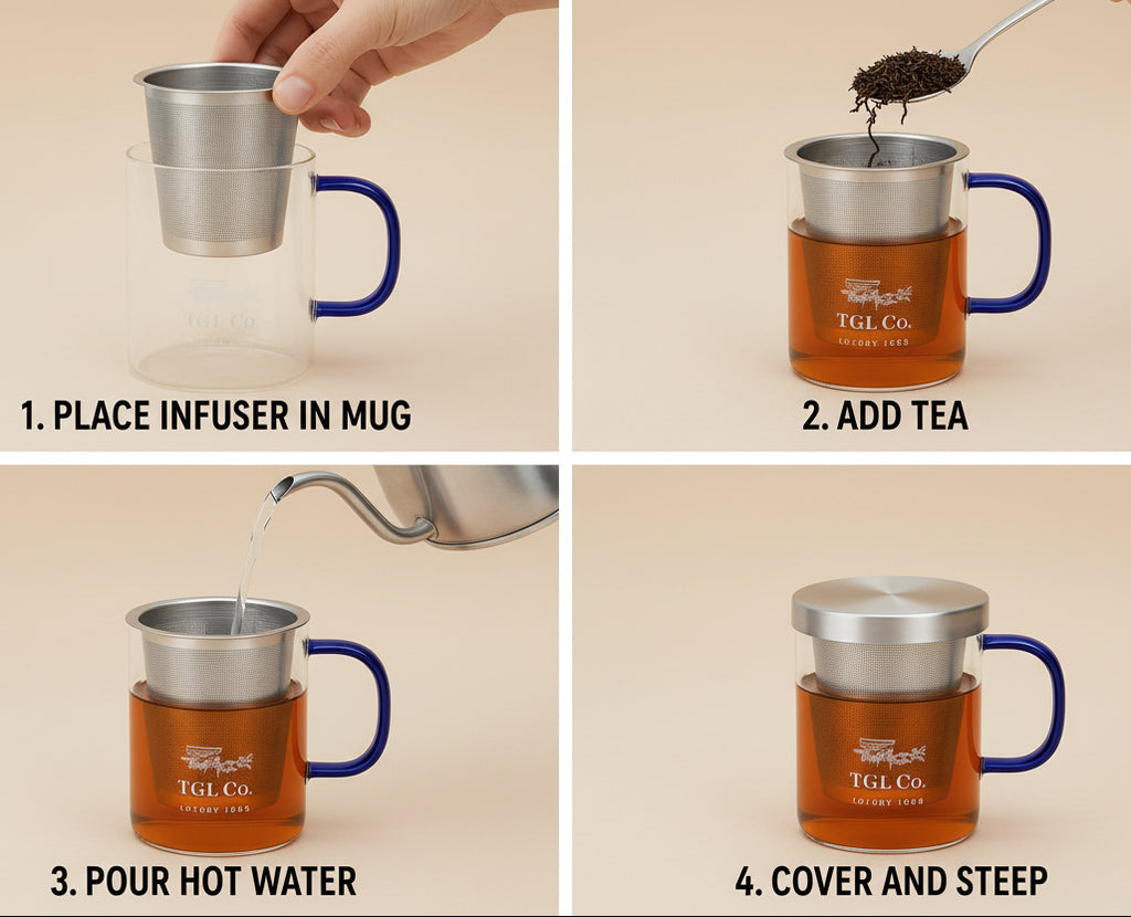 Glass tea mug with stainless steel infuser for loose leaf tea brewing