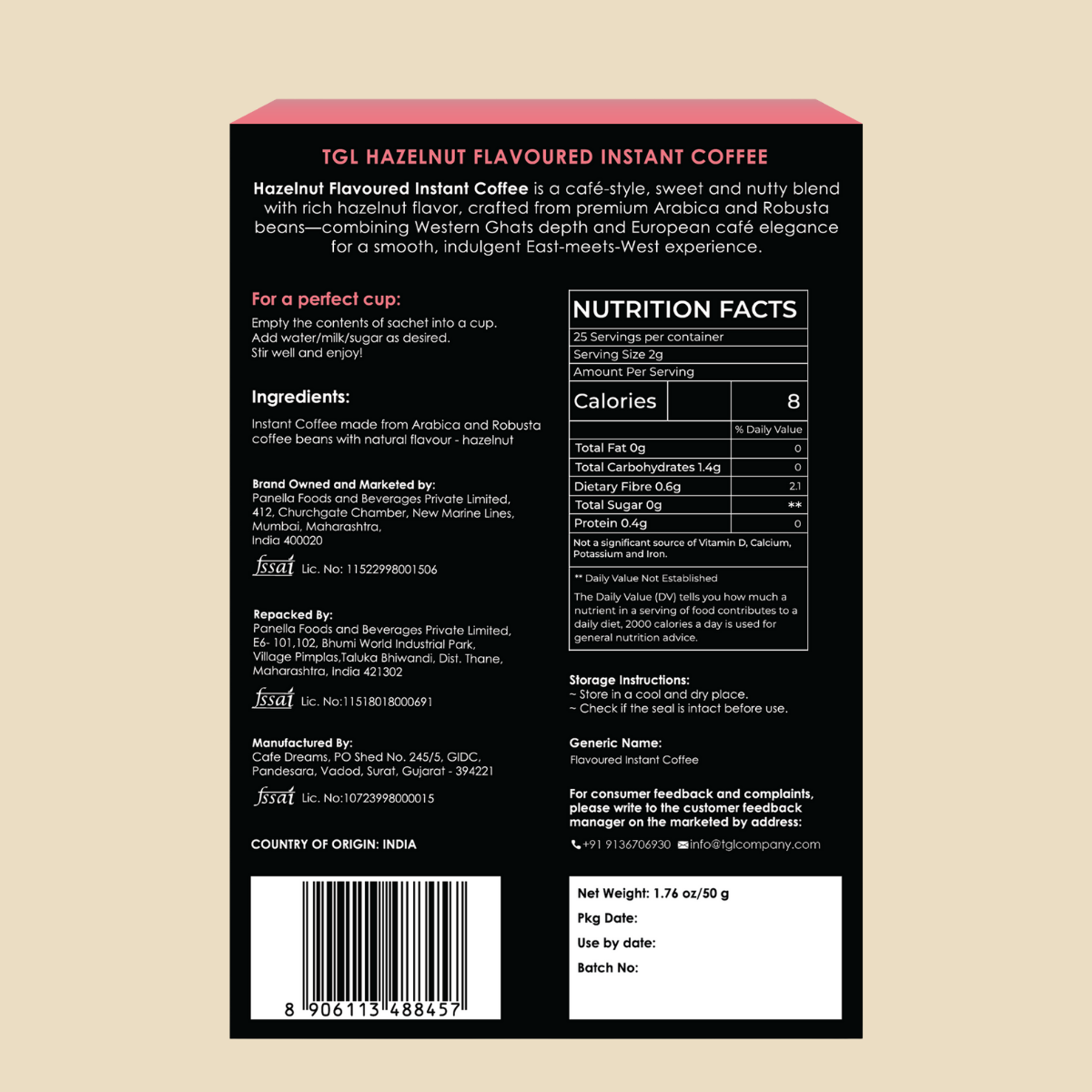 Premium hazelnut instant coffee sachets made from Arabica and Robusta beans