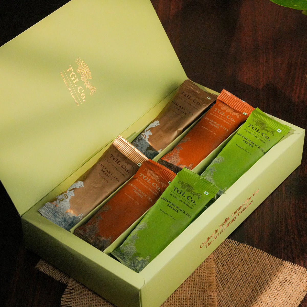 Luxury Indian masala chai gift box with assorted spiced chai premix including ginger, cardamom and kadak masala tea