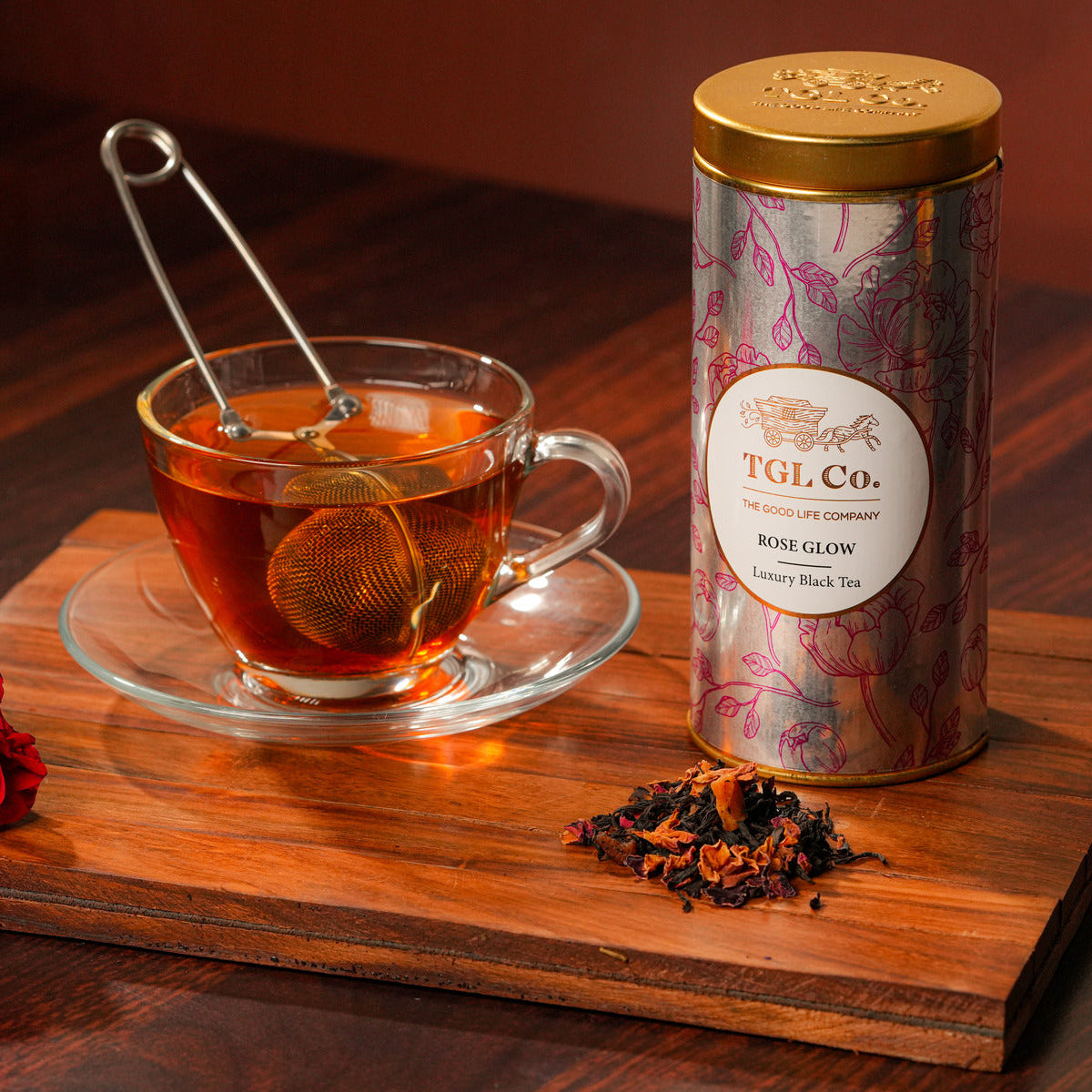 Premium floral black tea with rose petals and fruit notes