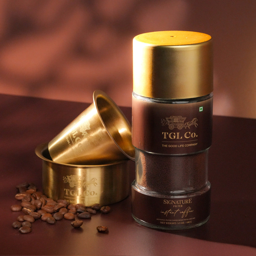 South Indian filter coffee set with instant coffee and brass tumbler