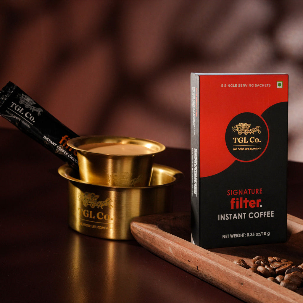 South Indian instant filter coffee sampler with 5 sachets for authentic filter style coffee brewing