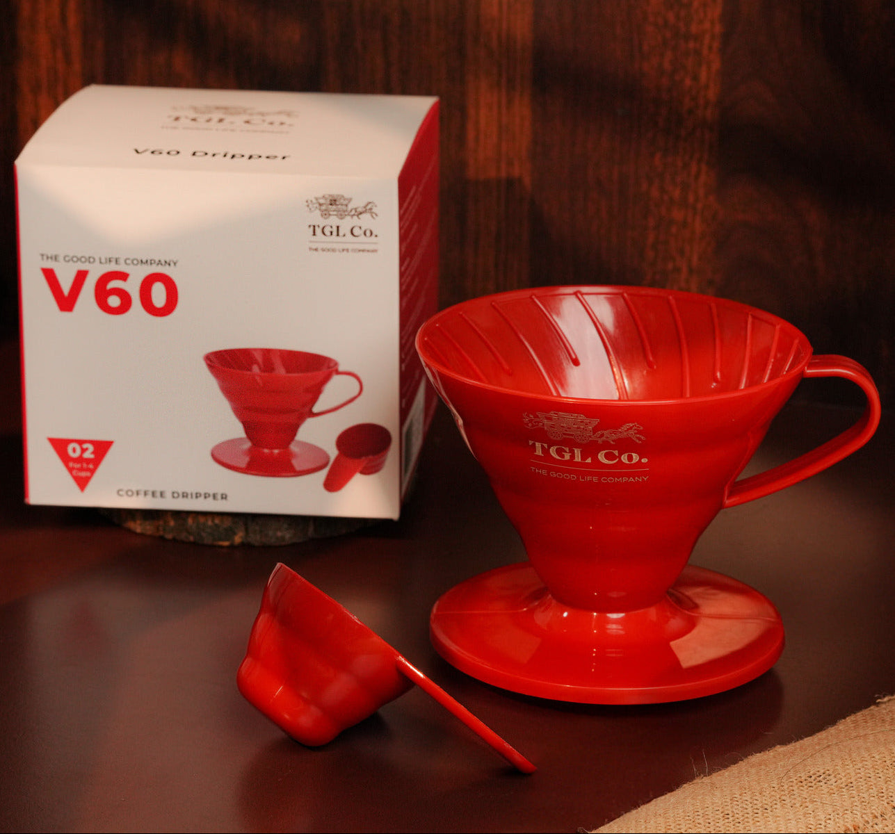 Red V60 coffee dripper size 02 for pour over coffee brewing